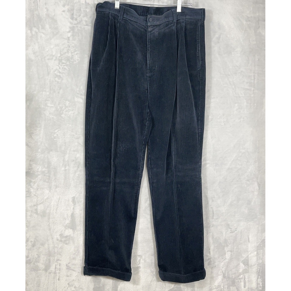 VTG Jos A Bank Corduroy Pants 36x32 Blue Thick Wale Pleated Cuffed Preppy Career
